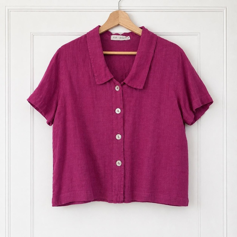 Vintage 90s Cut Loose Magenta Pink Linen Short Sleeve Button Down Shirt Medium - Picture 1 of 8